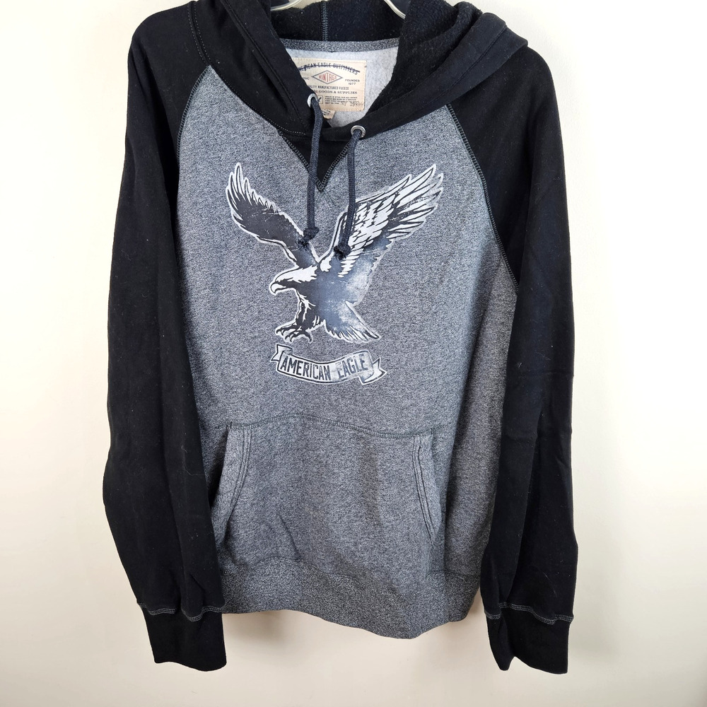 American Eagle Hoodie Men Sz L Gray Y2K raglan pullover soaring eagle